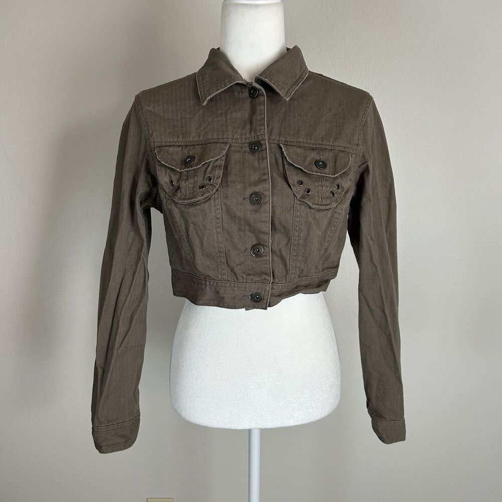 Y2K Juniors Large Cropped Jacket Utility Green Cargo Military 90s Canvas Army